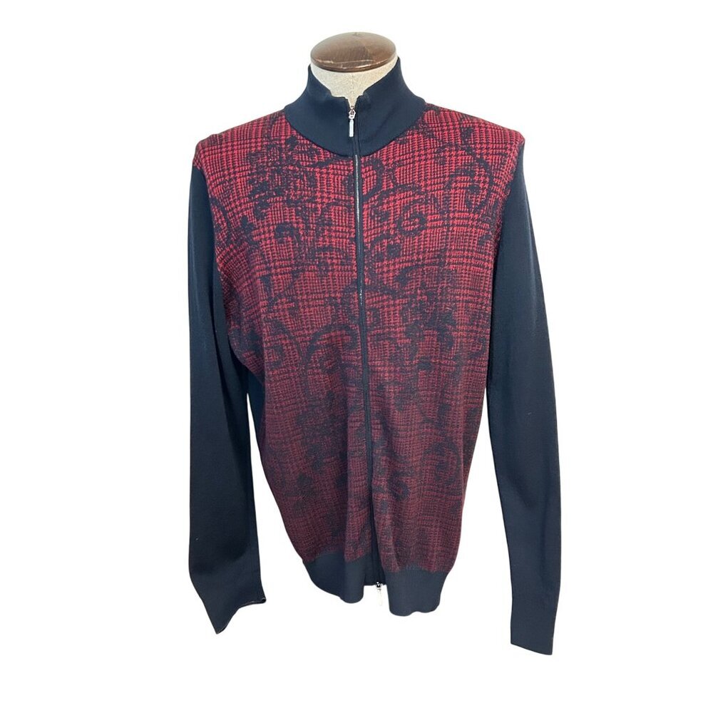 Dalmine Mens Red & Black Full-Zip Merino Wool Sweater Jacket Italy Size Large